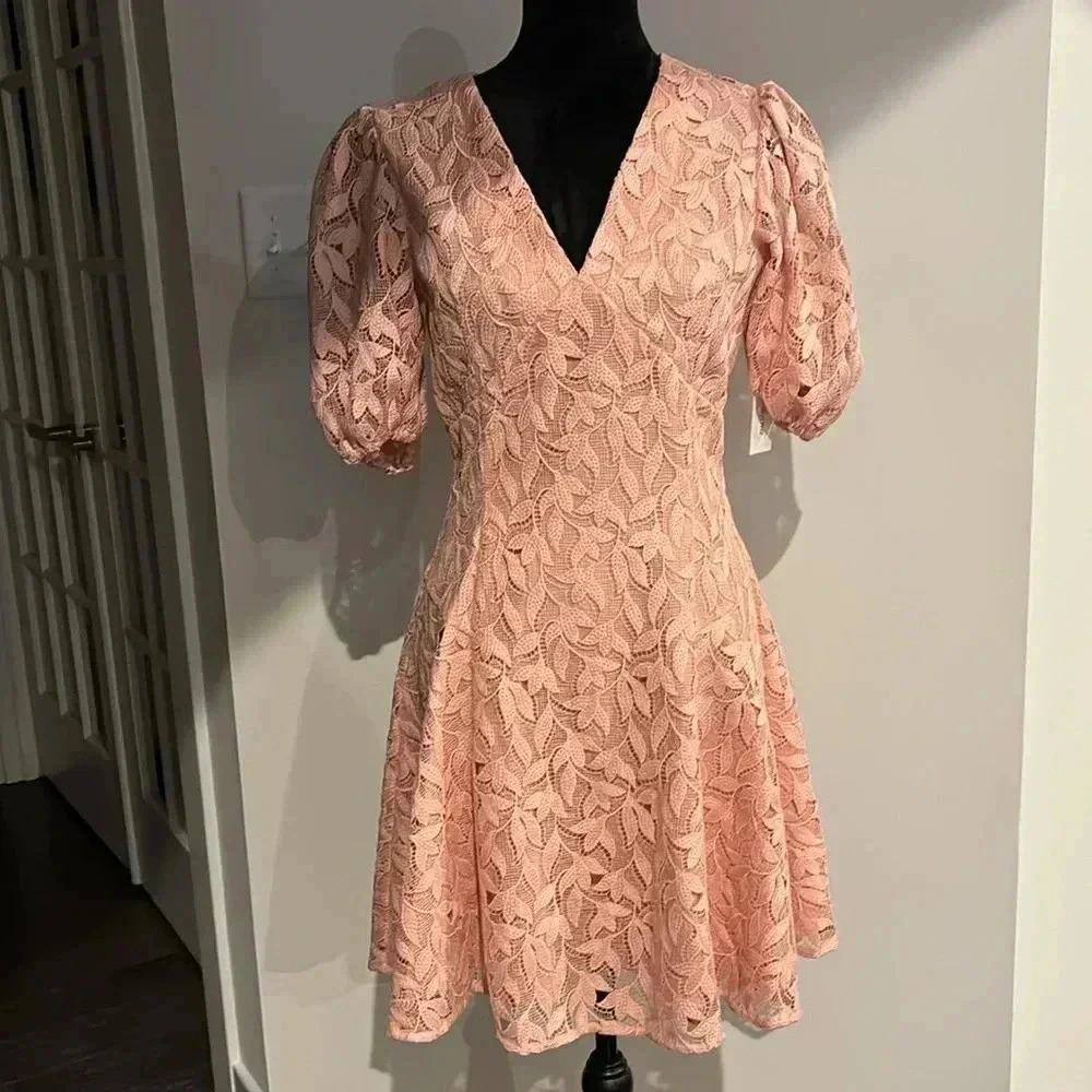 Shoshanna Alize Blush,Lace Overlay,V-Neck,Short Puff Sleeves,A-Line,Empire Waist — image 2 of 8